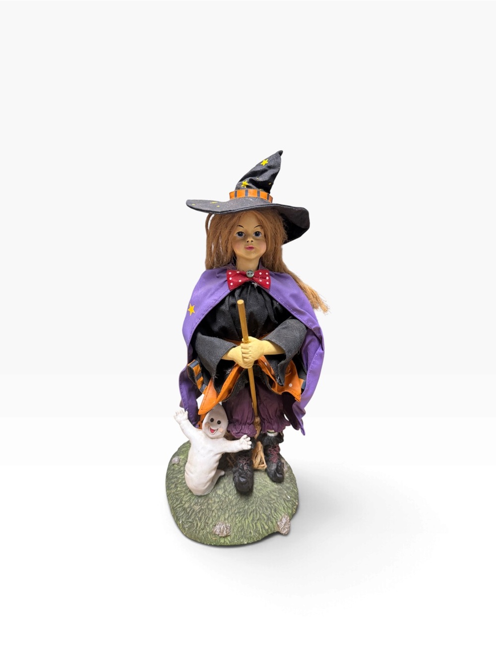 Vintage Halloween Witch & Ghost Figurine 13” Fabric Mache Resin Broom Decor